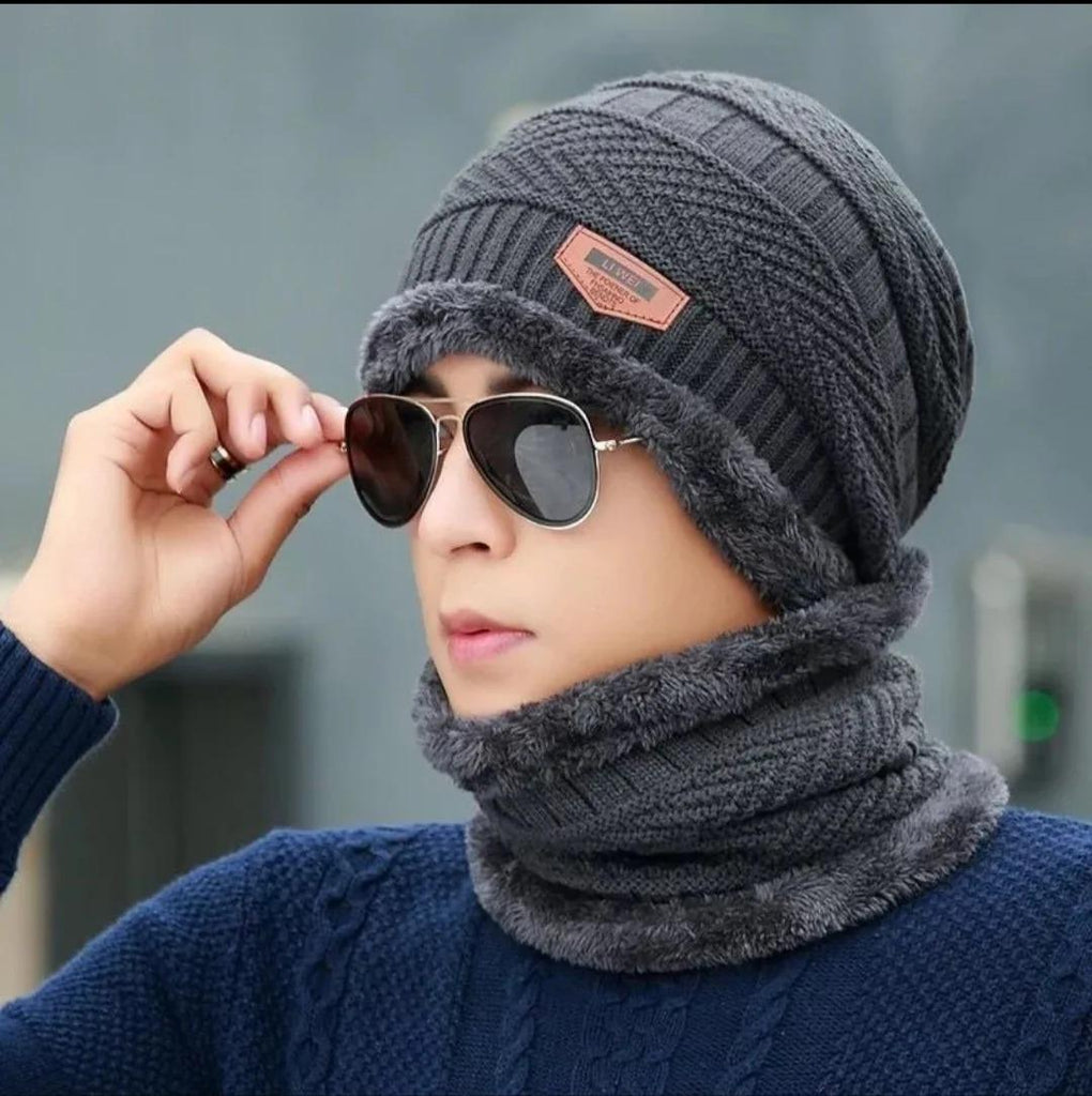 Unisex Woolen Cap With Neck Warmer, Grey Navy