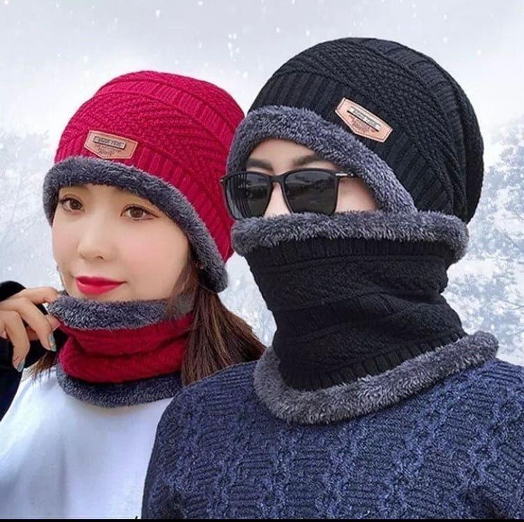 Unisex Woolen Cap With Neck Warmer, Grey Navy