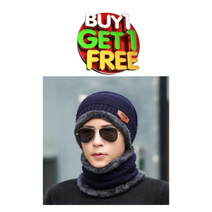 Unisex Woolen Cap With Neck Warmer, Grey Navy